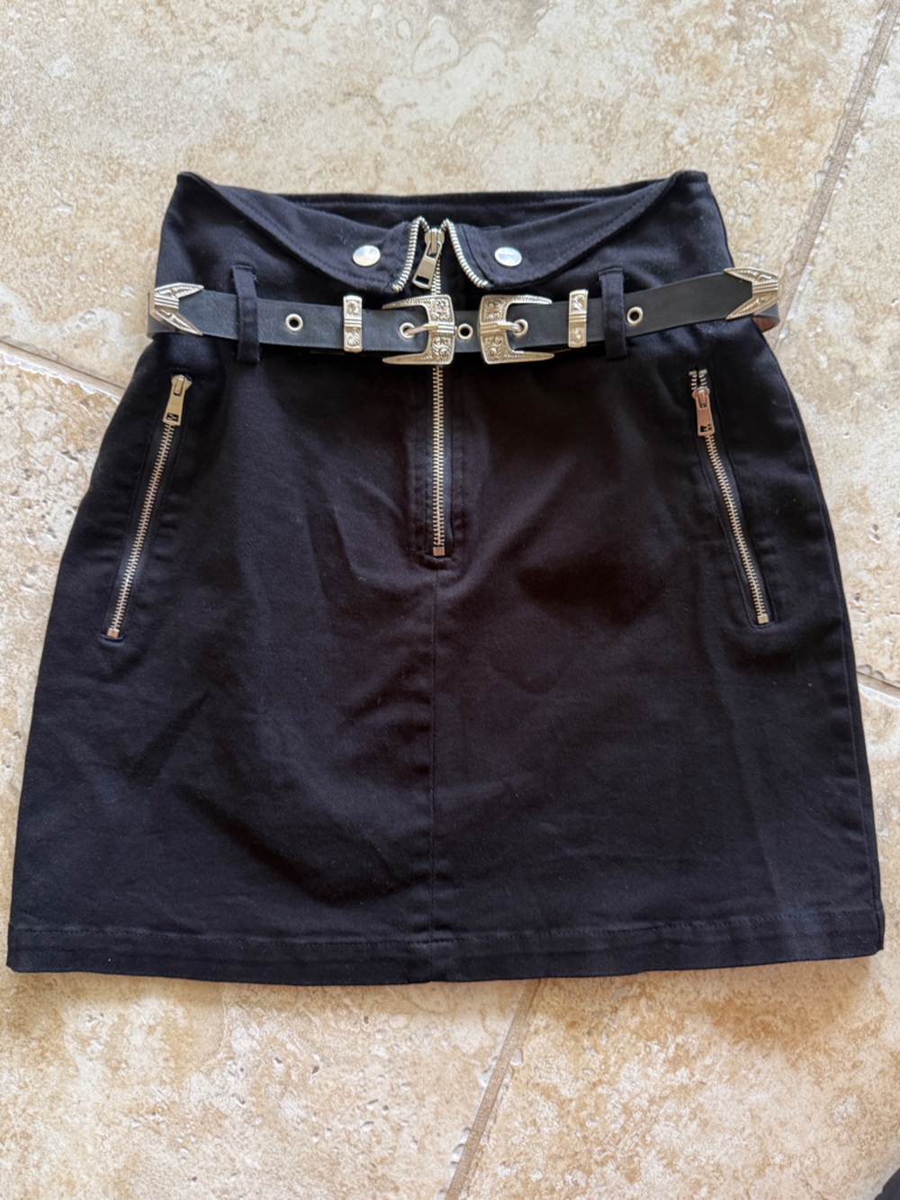 Black Mini Skirt with Western Buckle Detail